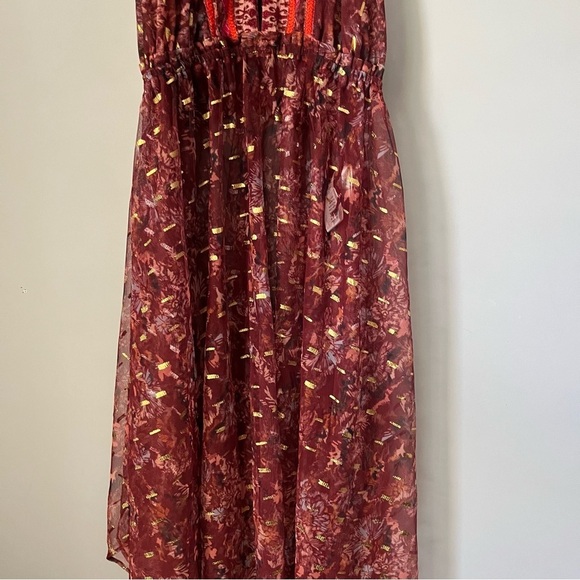 Free People Ria Wine Red & Gold Sleeveless Sheer Embroidered Maxi Top Size XS - Picture 5 of 16